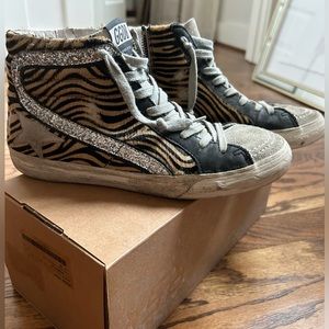 GOLDEN GOOSE size 38 SLIDE HI-TOP SNEAKERS IN COFFEE ZEBRA ICE STAR preowned